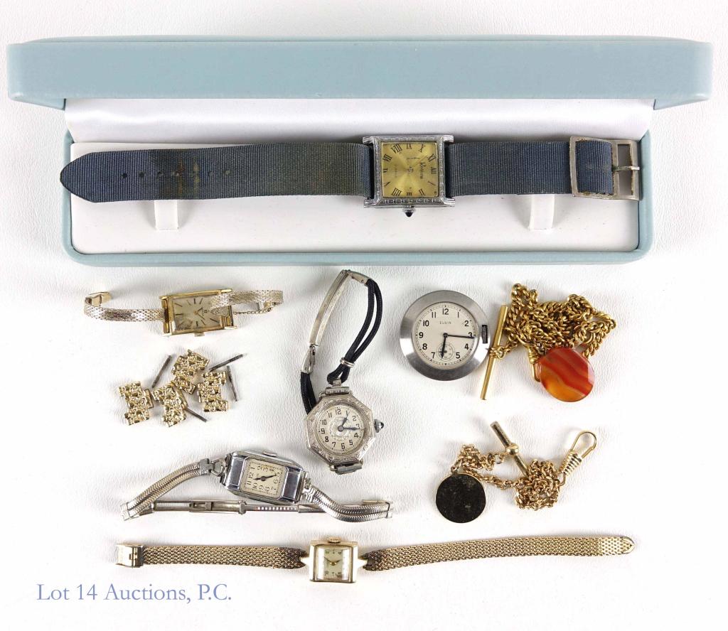 6 Ladies' Watches - Parts / Repair: Art Deco watch - marked "Swiss" - Hayne Watch, 16 jewels. Elgin watch - no crystal, 12K gold filled. Omega watch - 10K gold filled strap. Elgin pocket clock (?) - runs. Longines watch - 10K gold fille