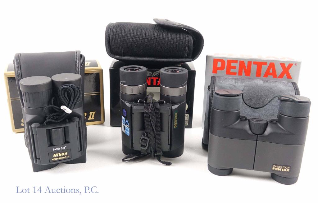 Binocular Lot - All Appear NiB (3): Pentax 7 x 20 DCF binoculars (new in box). Pentax 10 x 25 DCFSW binoculars (new in box). Nikon 8 x 20 DCF Sportstar II (new in box).