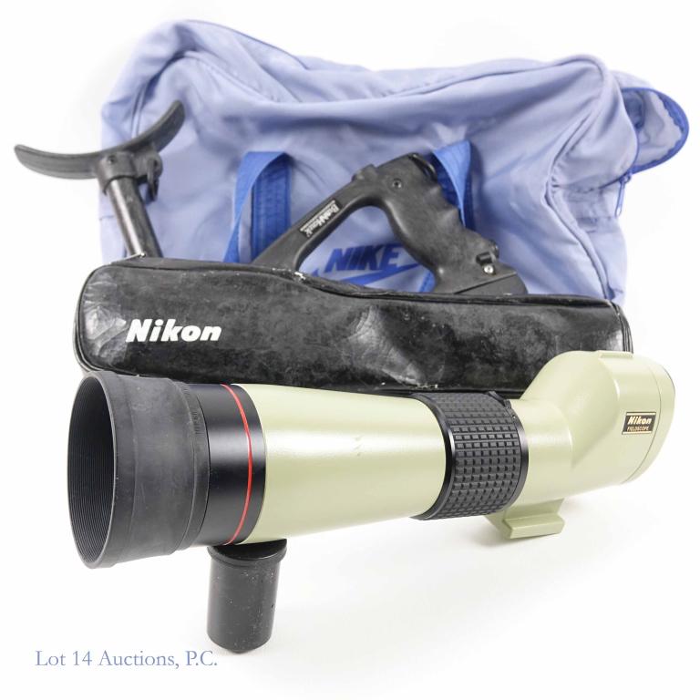 Nikon Fieldscope ED: Nikon Fieldscope ED. D = 60 P. #545642. Comes with literature and 20x eyepiece in box. Comes in a rough carrying case with a Bush Hawk shoulder stabilizing mount.