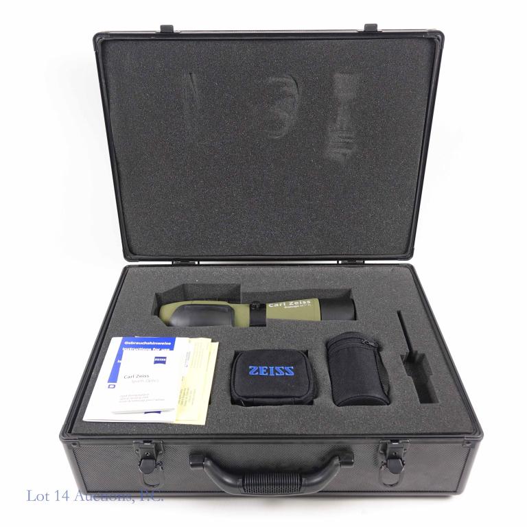 Zeiss Diascope 65 T* FL Green: Zeiss Diascope 65 T* FL Green. 5280004-0000. Nr. 2925593. Comes in locking case (with keys), cleaning kit, and Zeiss 15x - 45xB 20x - 60xB lens. Includes instructions and transferable warranty cards.