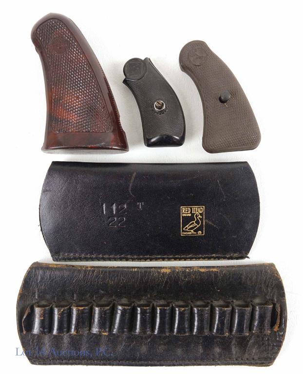 Vintage Pistol / Gun Grips & Bullet Cases: Two leather pellet holders (Red Head brand Chicago). Three pistol handles / grips. Colt Python pistol grip. H&R pistol grip. Mini pistol grip.