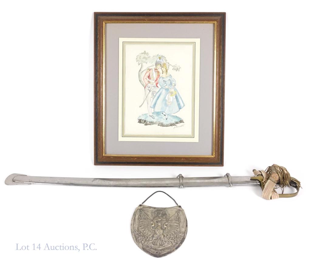 Polish Cavalry Sword and Art: Polish Cavalry Sword model 1934 with scabbard. Has original knot. Total length: 34.5". Blade length: 29 3/4". Marked "Borows Warszawa". Gorget shield. Also includes a watercolor Austrian / Polish sold
