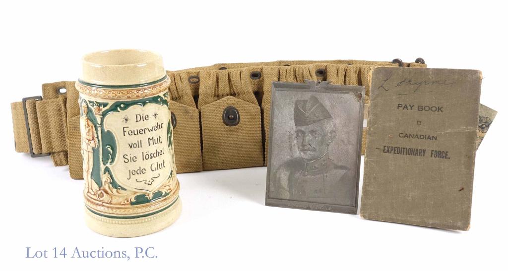 WWI Mills Ammo Belt Group - Paybook, Stein, Plate: WWI U.S. Army ammunition belt dated 1915, Canadian Expeditionary Force paybook, German beer stein with soldiers, and a steel engraved plate depicting Colonel Edward B. Clark- (Edward B. Clark was a Wa