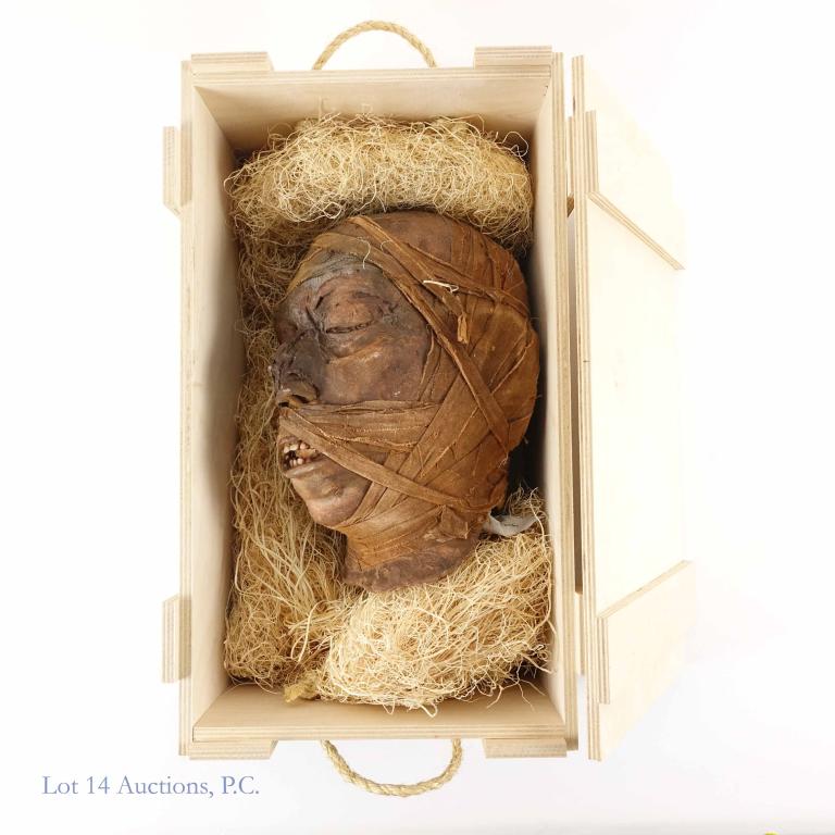 Mummy Head in a Wood Crate - Mask: Likely not a real human head, but difficult to be certain. 10.5" tall. *** Update 2/6/22: Damage noted to the top of the right ear. ***