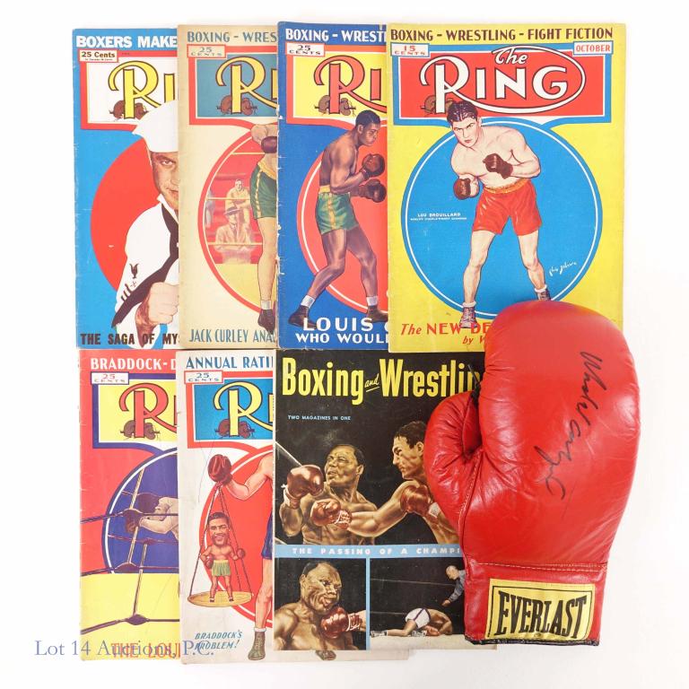 Boxing Magazines & Michael Carbajal Signed Glove: 1930's and 40's. "The Ring". Boxing and Wrestling Jan. 1953 (Marciano defeats Walcott). 7 total. HOF boxer Michael "The Little Hands of Stone" Carbajal signed glove (5x boxing champion).