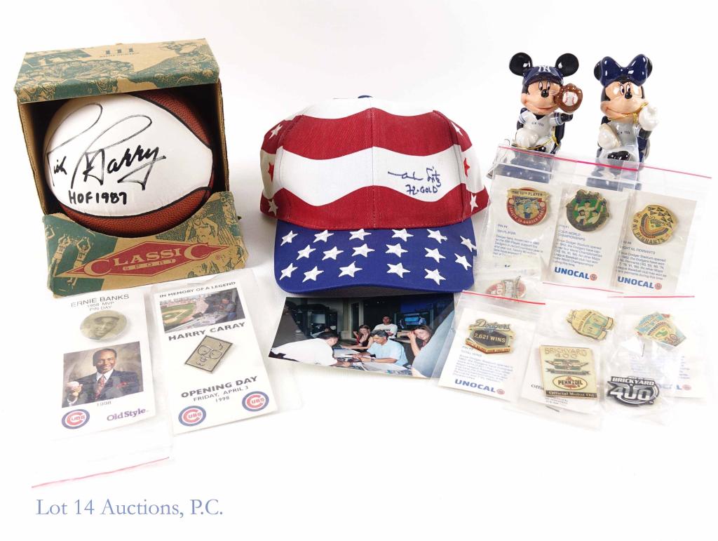 Sports Lot - Basketball, Disney: Rick Barry signed mini basketball (HOF 1987). Mark Spitz signed patriotic hat ('72 gold). Bradford exchange Mickey & Minnie Mouse Yankees ornaments with COA. Pins (LA Dodgers, Cubs, NASCAR).