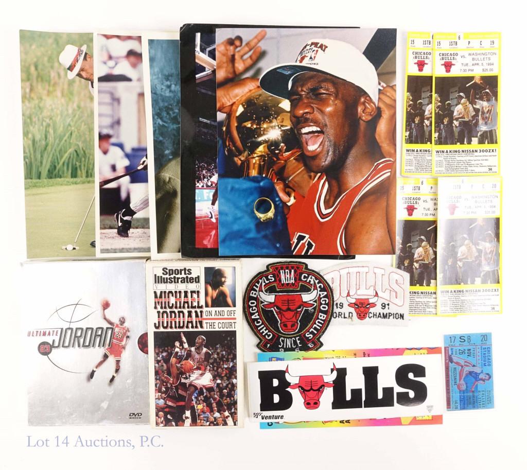 Bulls, Michael Jordan Box Lot: Bulls / Michael Jordan box lot. Souvenir ring, game tickets, bumper sticker, photos and more.