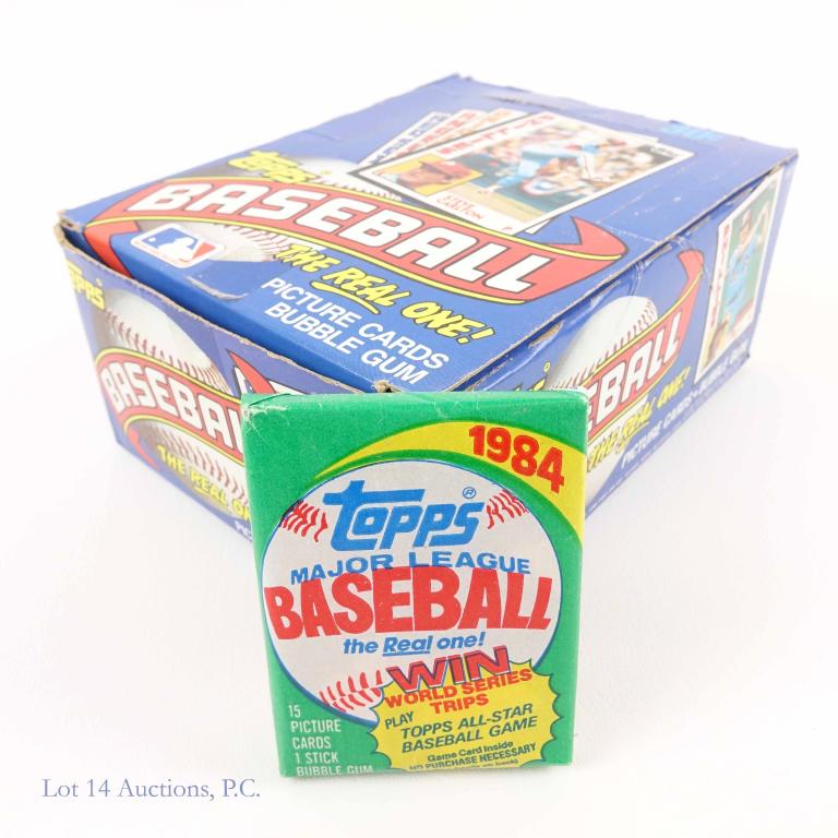 1984 Topps Baseball Card Wax Pack Box: 36 sealed wax packs of baseball cards. Box has some damage.