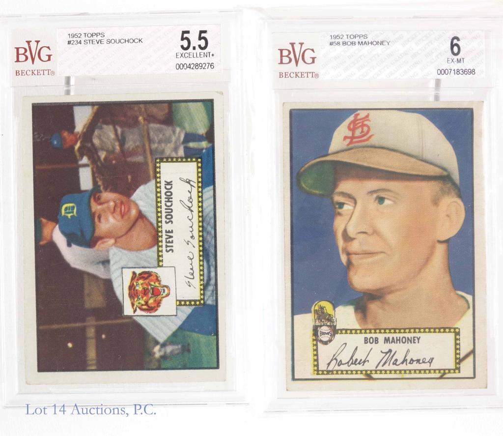 1952 Topps #58 Bob Mahoney, #234 Steve Souchock: 1952 Topps #58 Bob Mahoney, Beckett 6 Ex - Mt. 1952 Topps #234 Steve Souchock, Beckett 5.5 Excellent +.