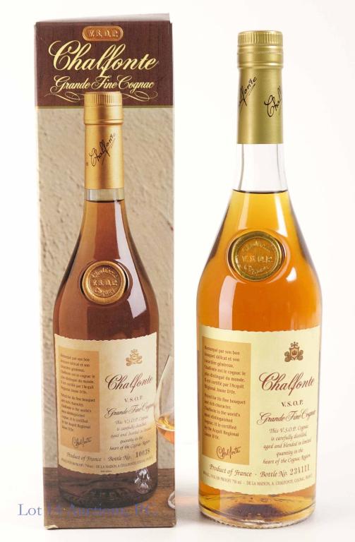 Chalfonte VSOP Grande Fine Cognac: IF YOU MAY NEED SHIPPING YOU MUST SPEAK WITH IAN BEFORE BIDDING ON BOTTLES. 80 proof, 750 ml, sealed, with box. Great fill. De la Chalfonte Cognac, France.