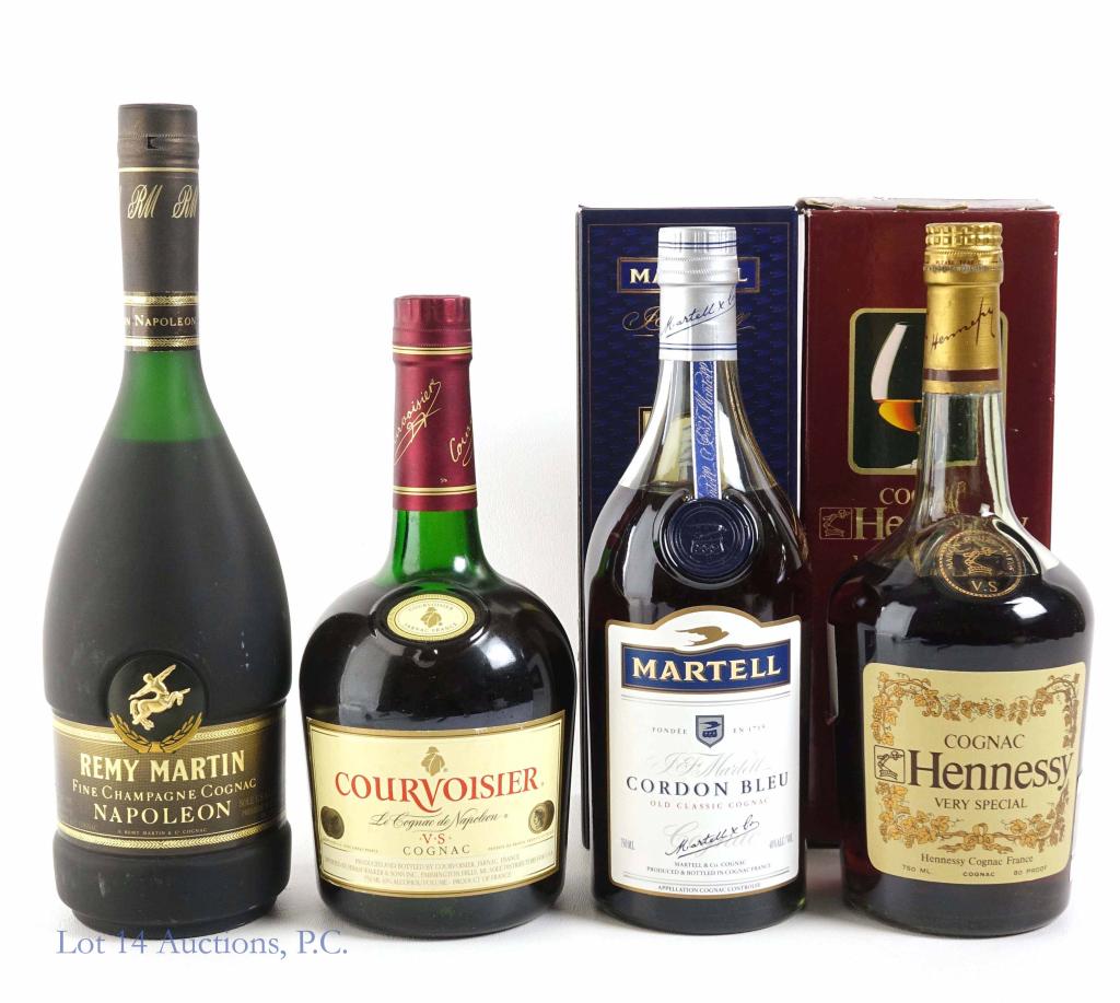Cognacs: Hennessy, Martell, Martin, Courvoisier: **IF YOU MAY NEED SHIPPING YOU MUST SPEAK WITH IAN BEFORE BIDDING ON BOTTLES. 847-625-0555** Four full and sealed Cognacs: Hennessy Very Special 750ml in box. Martell Cordon Bleu Old Classic Cognac, 7