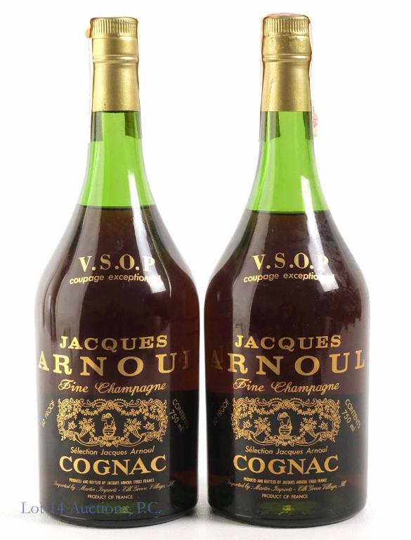 1980s Jacques Arnoul VSOP Cognac (2): *** IF YOU MAY NEED SHIPPING, PLEASE CALL US BEFORE BIDDING ON BOTTLES. 847-625-0555. *** Zimmerman's Store Pick. 80 proof, 750ml and sealed.