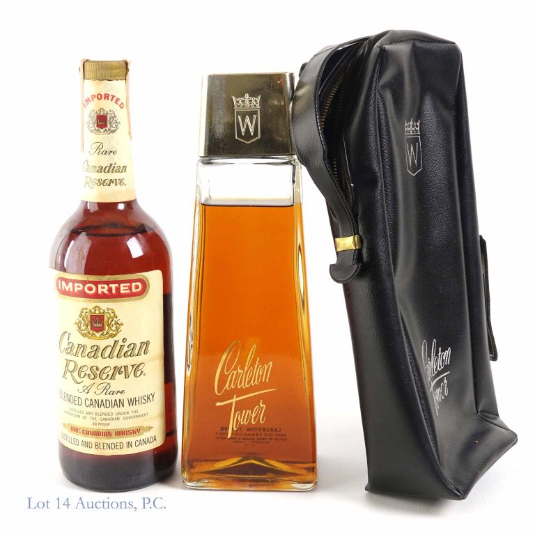 1957 Carleton Tower ** & '74 (?) Canadian Res.: **IF YOU MAY NEED SHIPPING YOU MUST SPEAK WITH IAN BEFORE BIDDING ON BOTTLES. 847-625-0555** 1957 Carleton Reserve Canadian Whisky, BROKEN SEAL, 25oz. Good fill. Canadian Reserve, likely 1974. Full an
