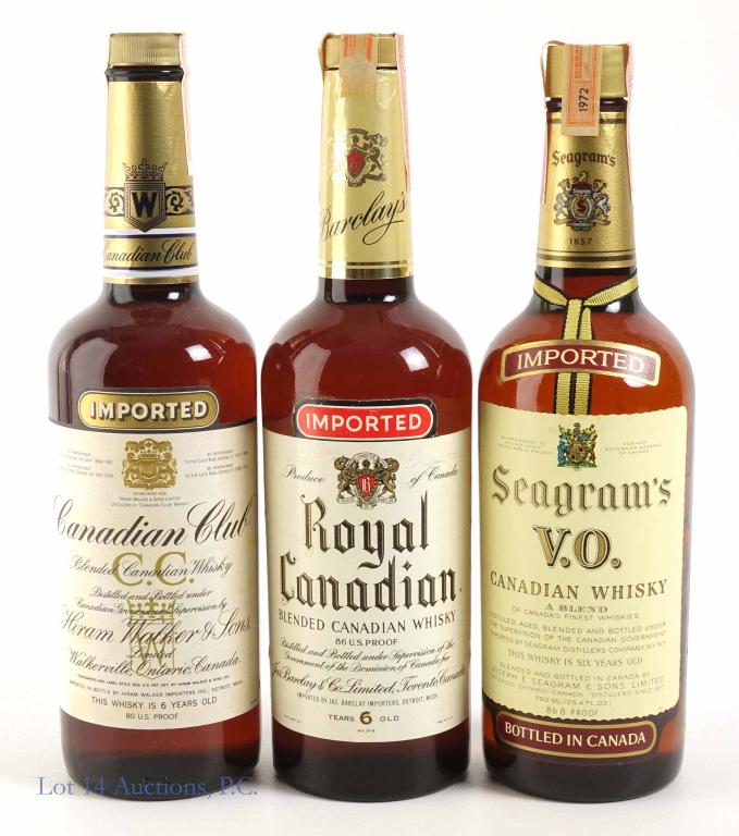 Canadian Whiskies (3): *** IF YOU MAY NEED SHIPPING, PLEASE CALL US AND SPEAK WITH IAN BEFORE BIDDING ON BOTTLES. 847-625-0555.*** Royal Canadian 6 yr.: 86 proof, 4/5 qt and sealed. Canadian Club: 80 proof, 750ml and sealed