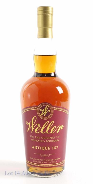 Weller Antique 107 Wheated Bourbon: **IF YOU MAY NEED SHIPPING, PLEASE CALL US AND SPEAK WITH IAN BEFORE BIDDING ON BOTTLES. 847-625-0555.** Full and sealed. Etch: L21300011414B, 3109044221. 107 proof, 750 ml.