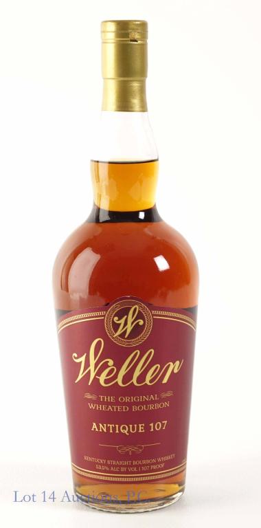 Weller Antique 107 Wheated Bourbon: **IF YOU MAY NEED SHIPPING, PLEASE CALL US AND SPEAK WITH IAN BEFORE BIDDING ON BOTTLES. 847-625-0555.** Full and sealed. 107 proof, 750ml. Etch:L21165 0119598