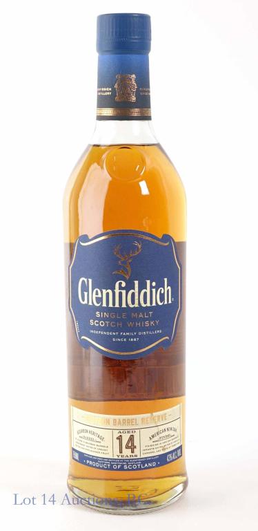 Glenfiddich Single Malt Scotch Whiskey: IF YOU MAY NEED SHIPPING YOU MUST SPEAK WITH IAN BEFORE BIDDING ON BOTTLES. 14 year, Bourbon barrel reserve. 750 ml, 43% abv.