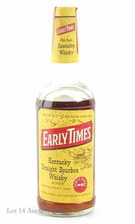 1973 Early Times Bourbon: *** IF YOU MAY NEED SHIPPING, PLEASE CALL US AND SPEAK WITH IAN BEFORE BIDDING ON BOTTLES. 847-625-0555.*** 86 proof, 4/5 qt and sealed. 4 yr. old.