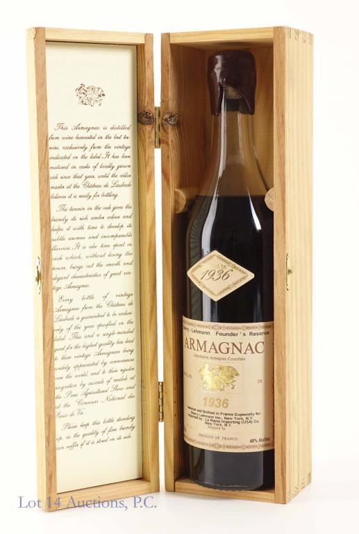 1936 Sherry - Lehmann Founder's Reserve Armagnac *: **IF YOU MAY NEED SHIPPING, PLEASE CALL US AND SPEAK WITH IAN BEFORE BIDDING ON BOTTLES. 847-625-0555.** Distilled in 1936, 40% abv. 750ml. With wood box. Bottling: FEV-2002 * High-shoulder fill. Seal