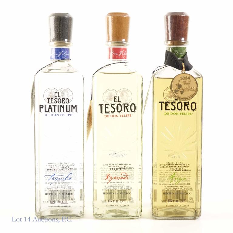 El Tesoro Tequila - Tres! (Olive Oil Bottle): **IF YOU MAY NEED SHIPPING, PLEASE CALL US AND SPEAK WITH IAN BEFORE BIDDING ON BOTTLES. 847-625-0555.** All three bottles are full, sealed and have their neck tags. Rare opportunity to get a bottle f