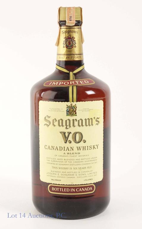 1976 1.75 Litre Seagram's VO Whisky: *** IF YOU MAY NEED SHIPPING, PLEASE CALL US BEFORE BIDDING ON BOTTLES. 847-625-0555. *** 86 proof, 1.75 litre and sealed. Good fill. When you have to share with the whole class, this is your bottle!
