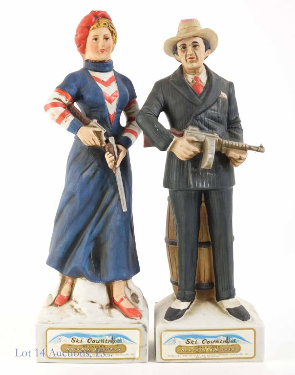 1974 Bonnie and Clyde Ski Country Bourbon: *** IF YOU MAY NEED SHIPPING, PLEASE CALL US AND SPEAK WITH IAN BEFORE BIDDING ON BOTTLES. 847-625-0555.*** 86 proof, 4/5 qt and sealed.