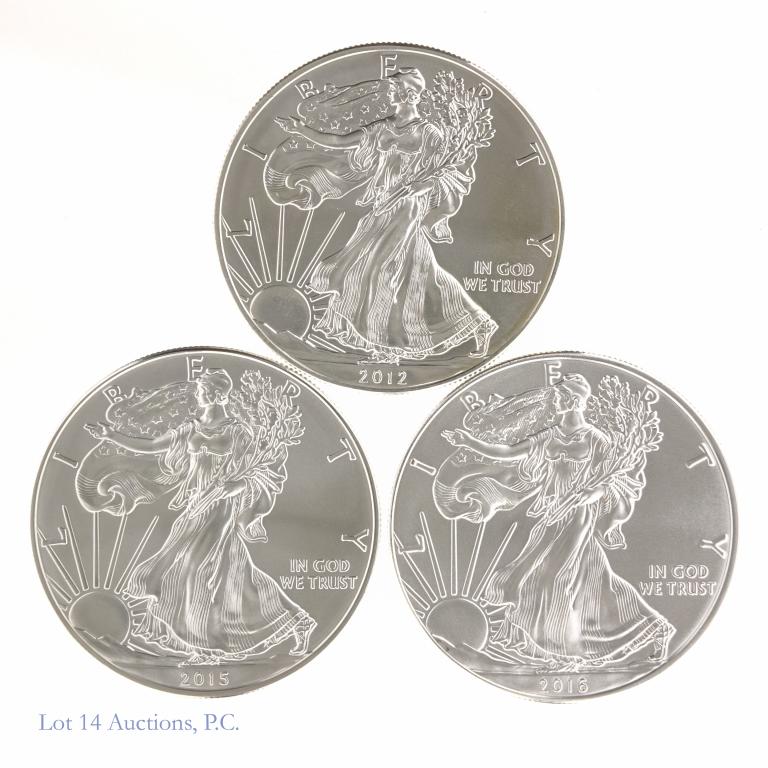 2012, 2015, 2016 Silver Eagles (BU?): 3 United States $1 Silver Eagle bullion coins: 2012, 2015, 2016. Each coin is 1 troy ounce of 0.999 fine silver. Per consigner, brilliant uncirculated.