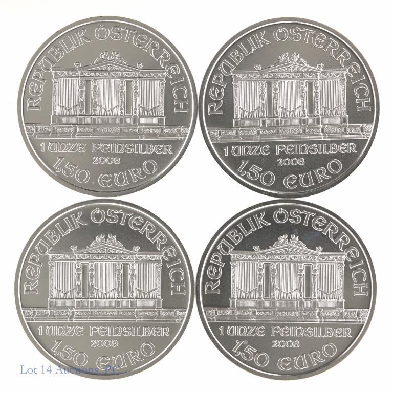 2008 Austria Silver Philharmonics - BU? (4): Four 2008 Austria 1.50 Silver Philharmonic bullion coins. Each coin is 1 troy ounce of 0.999 fine silver. Per consigner brilliant uncirculated.