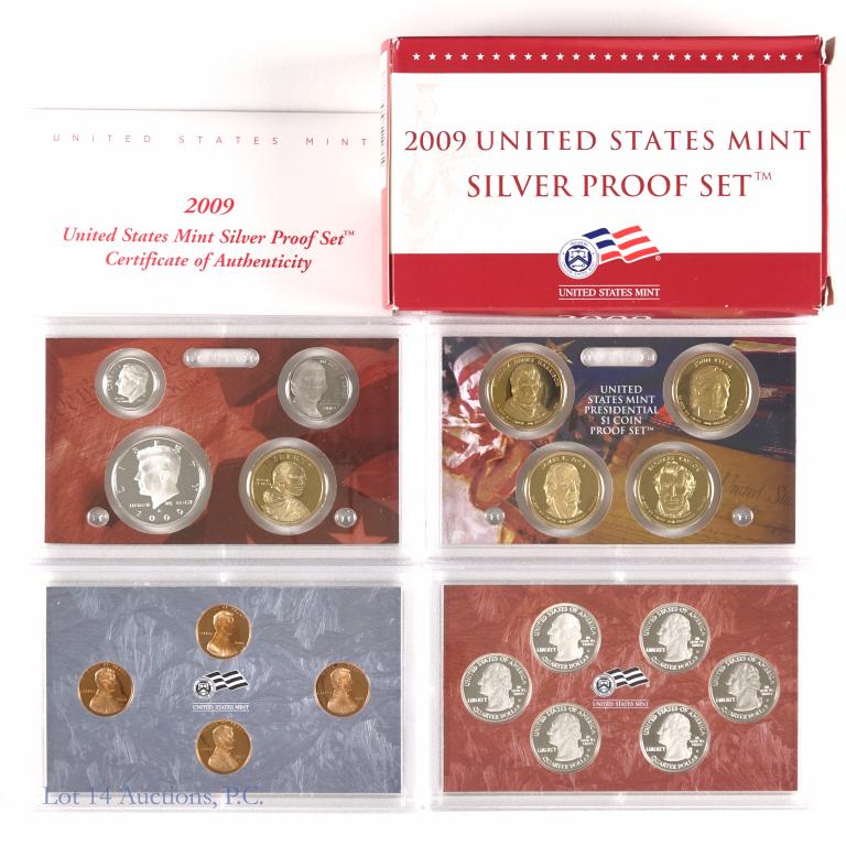 2009 U.S. Silver Proof Set: 2009 United States silver proof set. Includes 90% silver half dollar, dime, and (6) quarters. Also includes proof (5) $1 coins, (4) cents, and nickel. One of the largest proof sets ever made by the U.