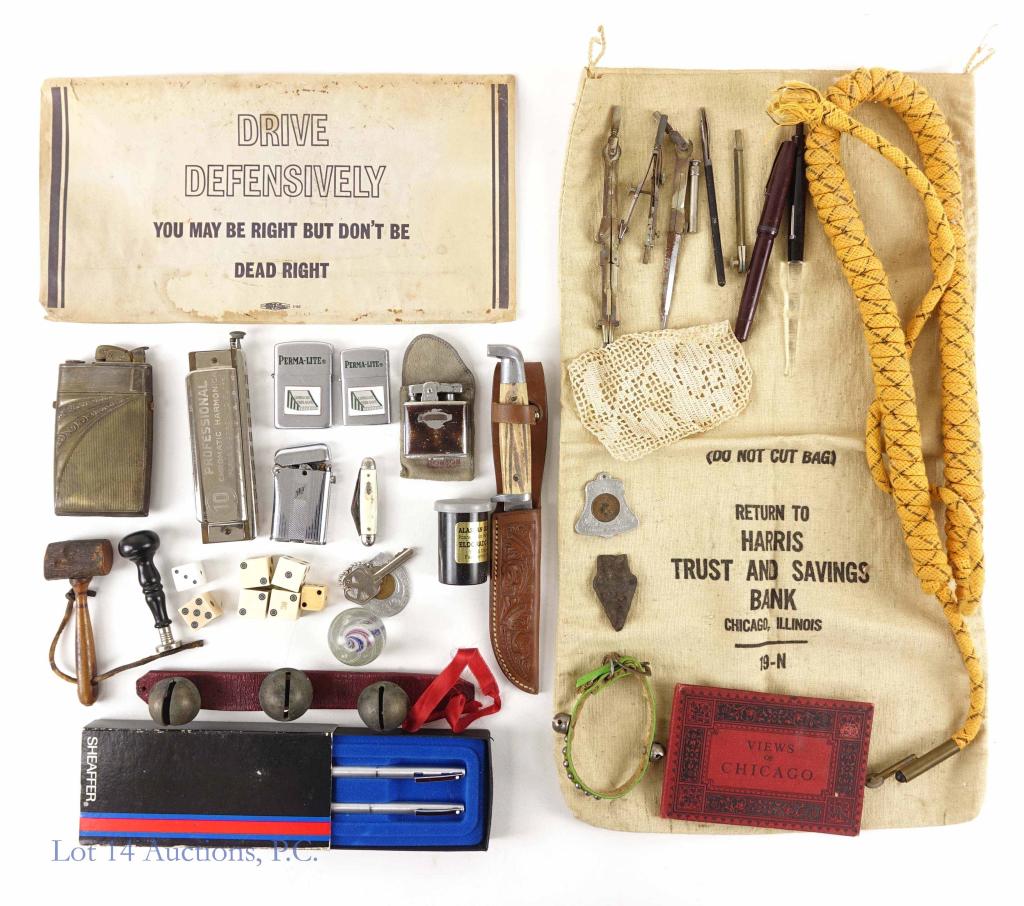 Uncle's Drawer - License Pl., Knife, Pen...: A mish-mashed hodge podge of items: Harris Bank (Chicago) bank bag (GREAT condition!) ** Sheaffer pen set, in box ** Queen fixed blade hunter's knife (4-1/4" blade) ** Matched pair of Illinois bicente