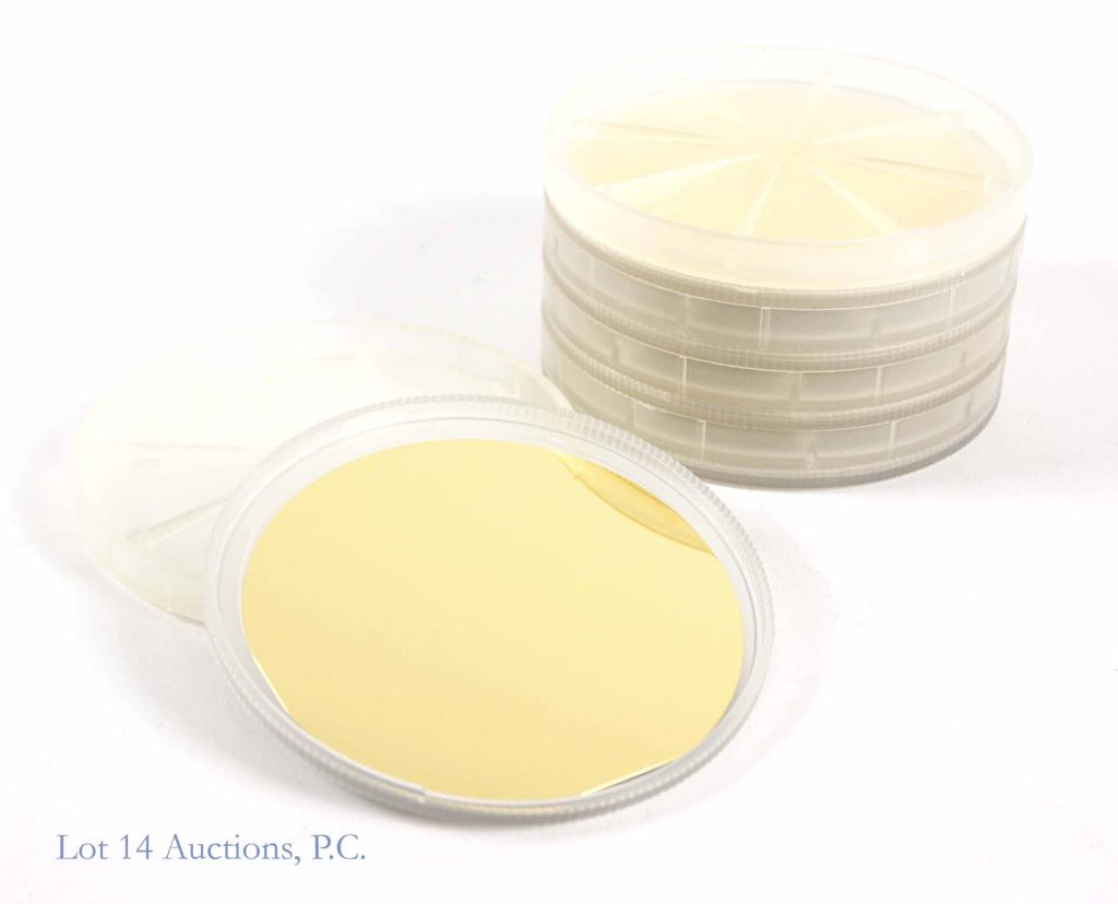 0.999999 Gold Coated Silicon Wafers (4): As close to pure gold as you can get: 99.9999% pure (per consigner). This gold is coating silicon wafers that are used for numerous scientific enterprises ranging from infrared spectroscopy to soft li