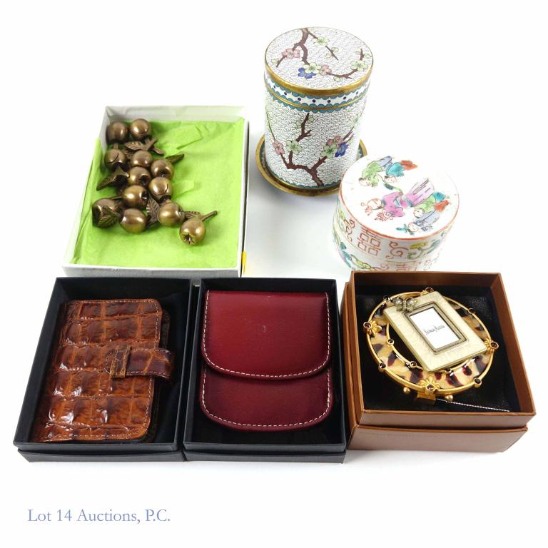 Cloisonne / Small Leather Accessories: Raika leather photo wallet, brown embossed, new in box. Raika dark red coin wallet, new in box. 2 Jay Strongwater frames - 2" (image size) round enamel and stone, 3.25" overall (with box); 1 x 1.5" im