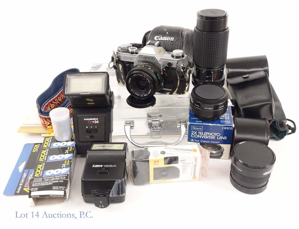 Canon AE-1 Camera and Lenses: Canon AE-1 35 mm film camera. Comes with: FD 50 mm lens 1:1.8, 2x telephoto converter lens (with Canon mount) ** Albinar - ADG superwide fish-eye conversion lens ** RMC Tokina 80-200 mm 1:4.5 lens **C