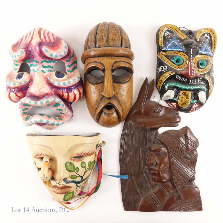 South America Wall Hangings / Masks (5): Llama and Native wood plaque (per consigner: Peru or Ecuador). Approximately 7-1/2 x 12-3/4". ** Hand carved wood mask signed TiTilo and Rio 84. Approximately 5 x 9-1/2 x 3". ** Hand carved wood mask 