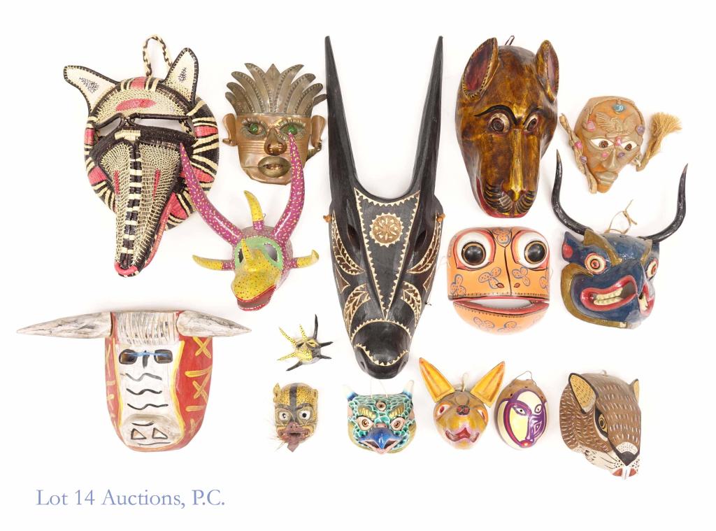 Wall Hangings & Masks (Mexico & Puerto Rico): A large lot of masks and other wall hangings that are from across Mexico and from Puerto Rico. 1 mask is woven, 1 is metal, and 3 appear to be papier Mache, but the remaining appear to be hand carved