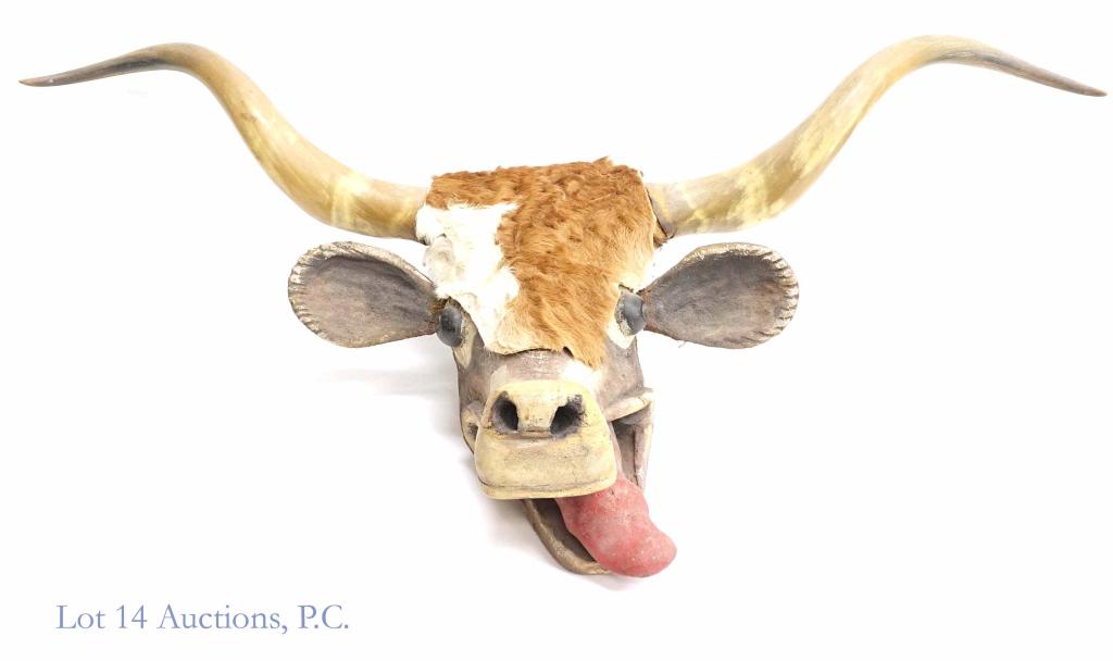 Wooden Bull Head Sculpture w/ Real Horns: *** LOCAL PICK UP OR THIRD PARTY SHIPPING ONLY! Lot 14 Auctions will NOT ship this from our location. Please read terms and conditions. *** Bull head made from wood. We think the hide covering the for