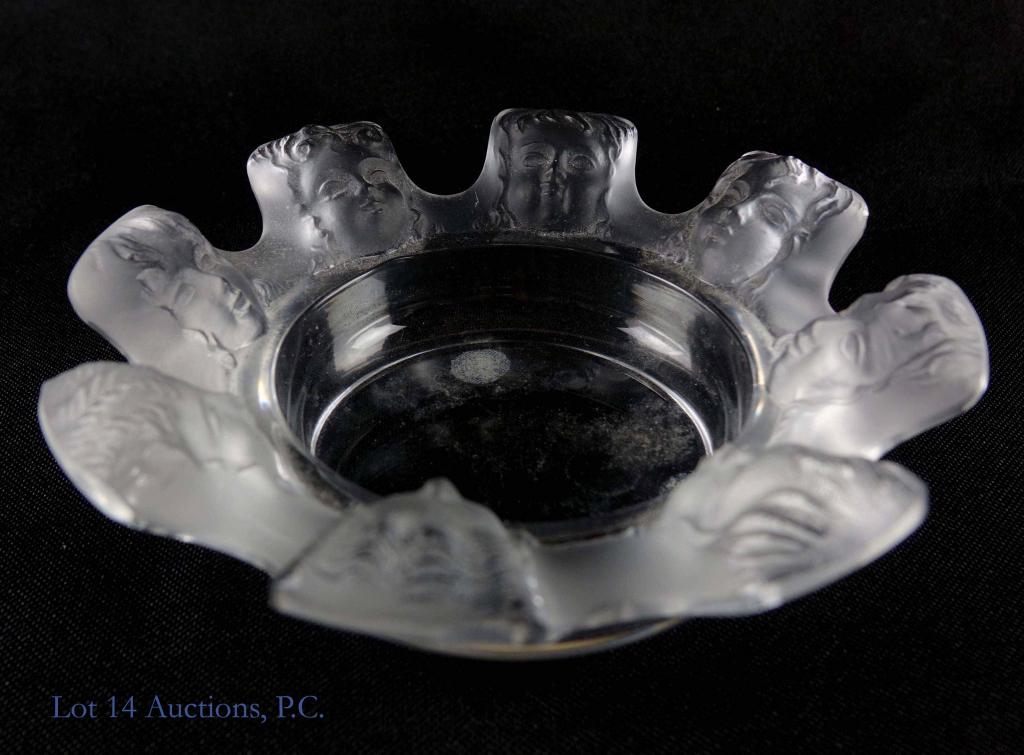 Lalique St. Nicholas Ashtray / Trinket: 4 3/8" diameter (top). Frosted figurative rim.