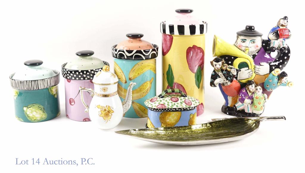 Herend, Droll - Hand Painted Glass Jars / Figurine: Herend Hungary hand painted flower tea pot with lid: 6 3/4" tall. 5 different size cookie jars by Droll Designs: Cherry cookie jar: 7 1/4" tall and 5 1/4" wide. With lid. Lime cookie jar: 6.5" tall an