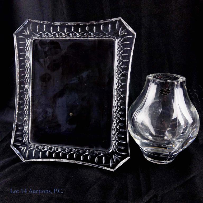 Crystal Frame & Vase: Waterford heavy crystal frame for 8 x 10 photograph. Frame is approximately 11 x 13". St. Louis heavy crystal vase, approximately 8.5" tall, 6" wide at widest point.