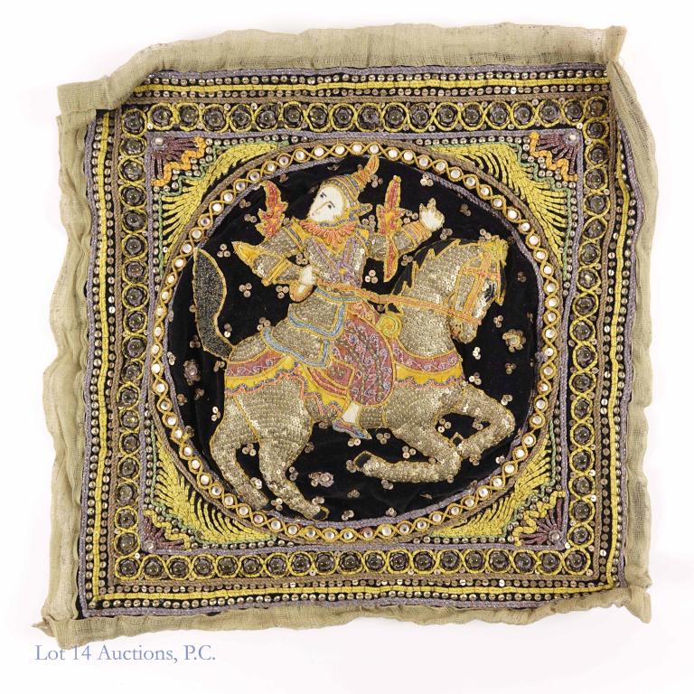 Thai Tapestry / Wall Hanging: Textured tapestry with horse image. Sequins, beaded embroidery. Some stitching is loose around the trim. Approximately 20.5 inches square.