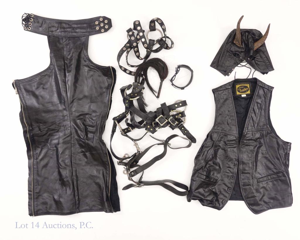 Saturday Night Leather Adult Fun Set: Leather vest in small ** Leather mask with horns ** Leather chaps ** Many belts that probably aren't belts.