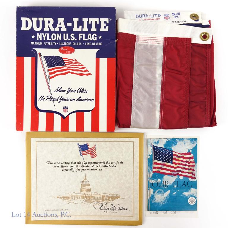 U.S Capitol Flown Flag: 3 x 5" Dura- Lite flag in box. With certificate. From IL congressman Philip Crane. Flown 12/22/1978. Flag is hand numbered. Comes with flag literature and envelope.