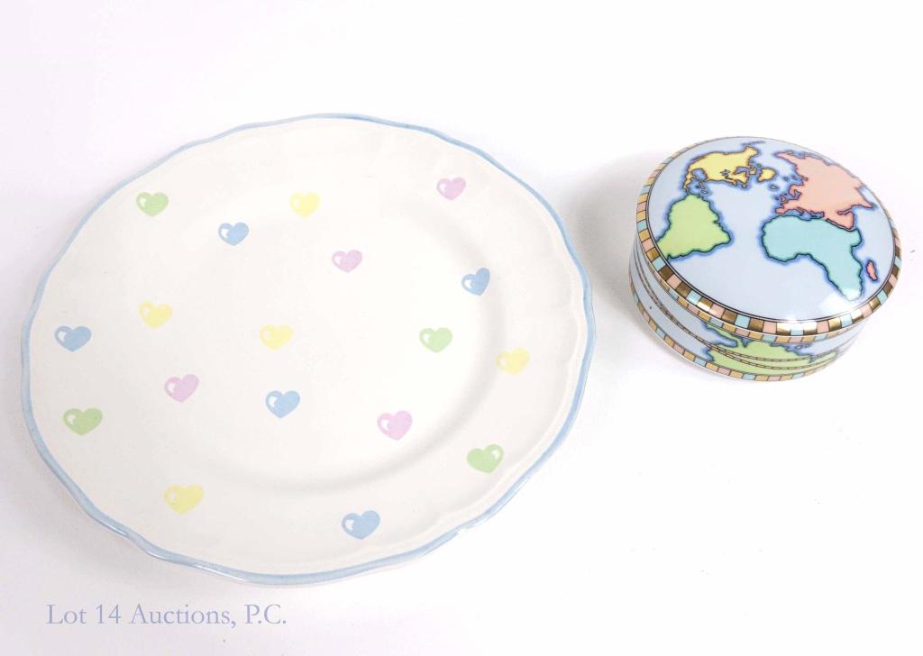 Tiffany and Co. Dresser Box and Dish: Dresser box: designed for Institute of International Education. 4" x 2". Perfect condition. Dish: hand painted, France. Small flaws in glaze, but otherwise perfect condition.