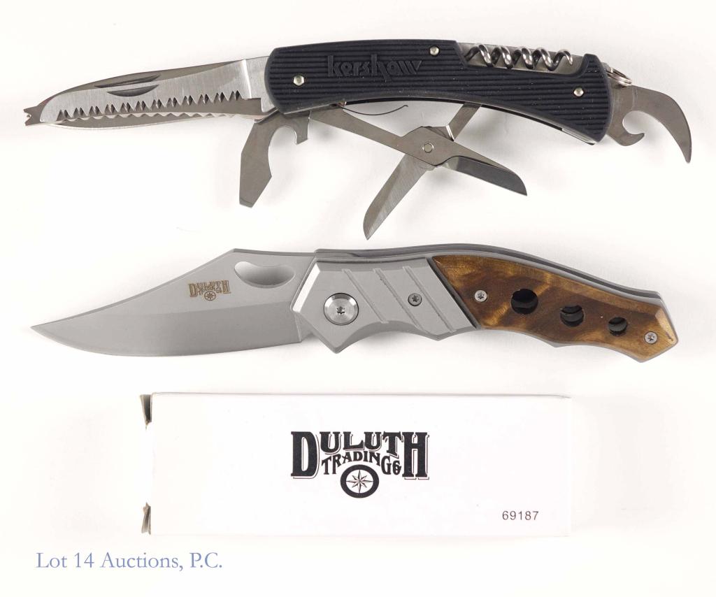 Kershaw Pocket Knife & Duluth Folding Knife: Kershaw Model 3030 pocket knife (1 blade: 2-1/2" long, 6 tools) ** Duluth Trading Company folding knife (approximately 3-3/4" blade) still sealed in plastic and in original box.