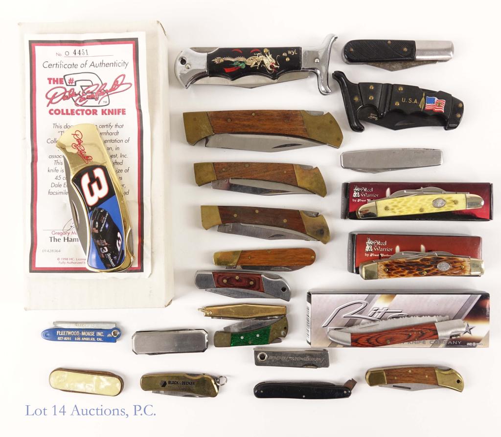 Pocket Knives (22): Includes 4 new in box- including Dale Earnhardt. 1 small black handled knife is missing blade.