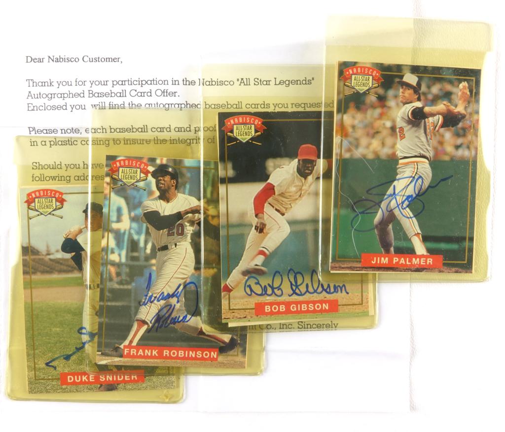 NABISCO "All Star Legends" Autographed Cards (4): In original letter packaging. 1994 major league baseball players alumni: Duke Snider, Jim Palmer, Frank Robinson, and Bob Gibson.