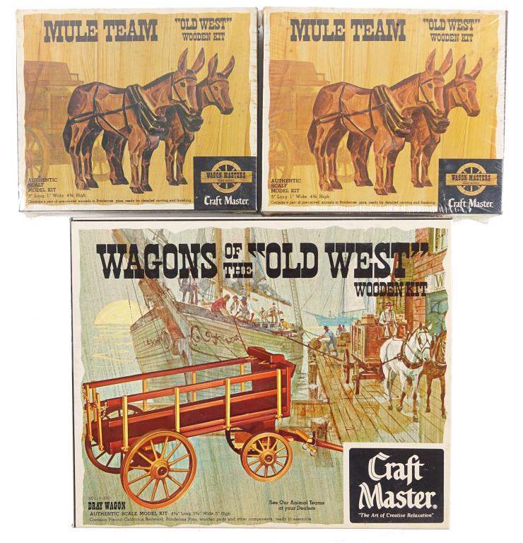 Craft Master "Models of the West" Wooden Kits (3): Drag Wagon (50115:350). Mule Team (951:350)- 2 kits (still sealed!).