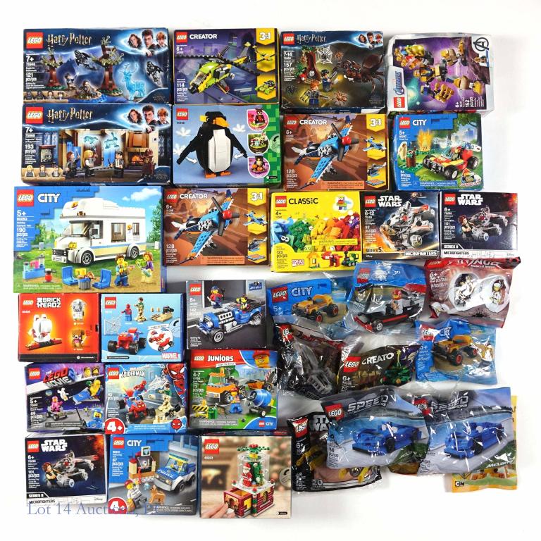 Massive Lego Assortment: Condition varies- some boxes are in good shape and others are in rough shape and all appear to be unopened / complete, but we are unsure. Themes include: Star Wars, Marvel- Spiderman, Avengers, Harry