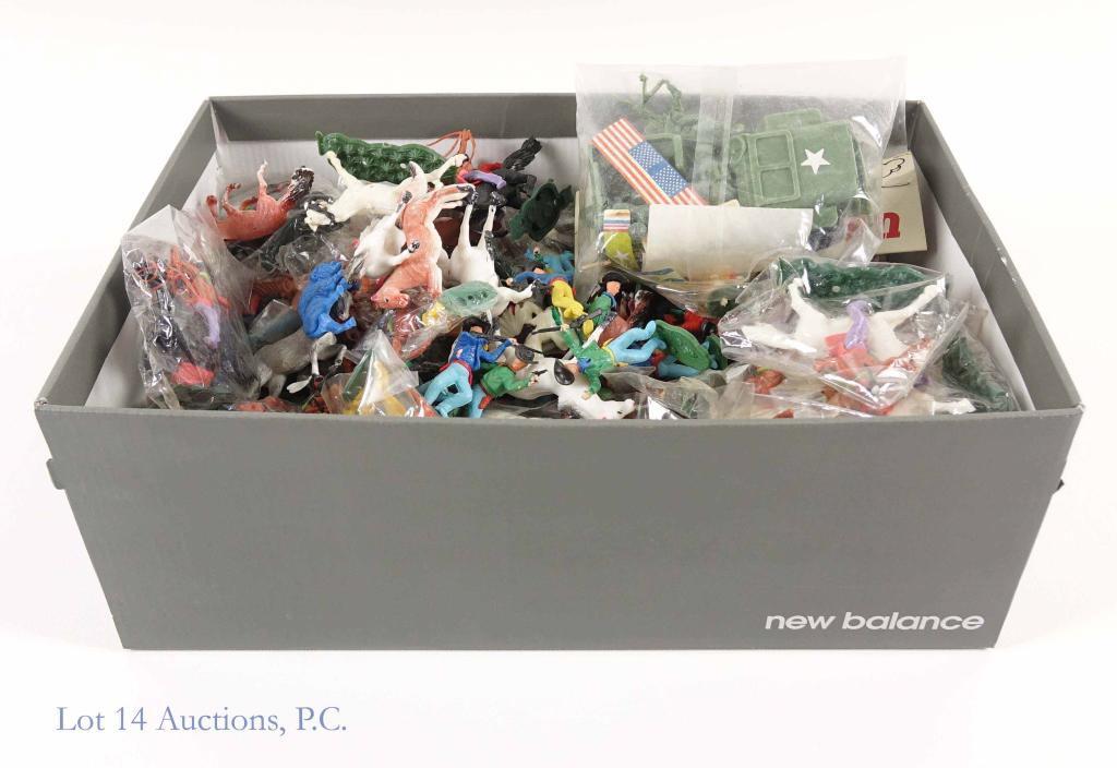 Molded Plastic Toys "Cowboys and Indians": Some are sealed, but most are loose. We did notice a few missing arms, legs, bases. Also includes a US Jeep Patrol set.