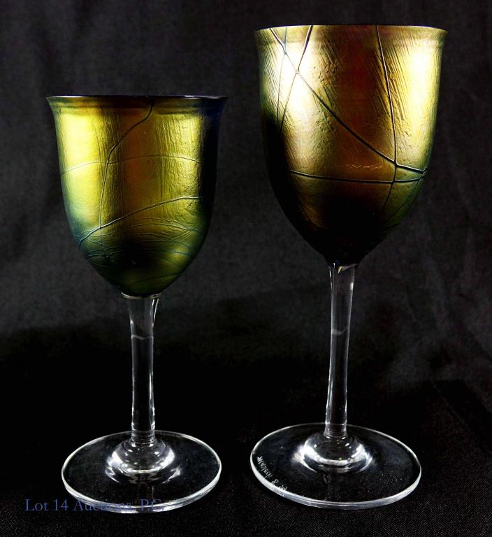 Maslach Art Glass Goblets (2): Both marked "Maslach 879." 7 7/8" and 6 3/4" tall.